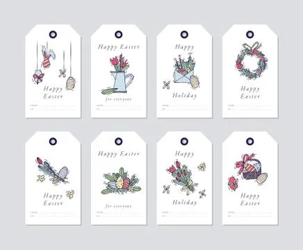 Vector linear design Happy Easter greetings elements on white background. Spring Stock Illustration