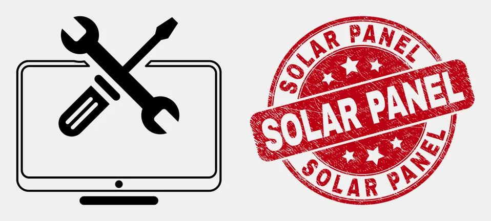 Vector Linear Desktop Tools Icon and Distress Solar Panel Stamp Seal Illustrazione stock