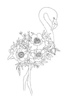 Vector Linear drawing bird Flamingo with blooming flowers. Isolated decorative Stock Illustration