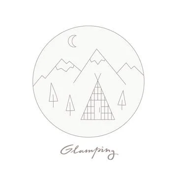 Vector linear glamping icon, label. Modern outdoor camp, trekking, nature Stock Illustration