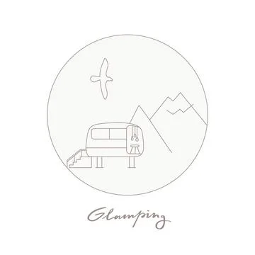 Vector linear glamping icon, label. Modern outdoor camp, trekking, nature Stock Illustration