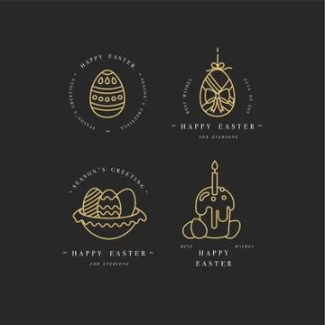Vector linear golden design Easter greetings elements . Set of typography ang Stock Illustration