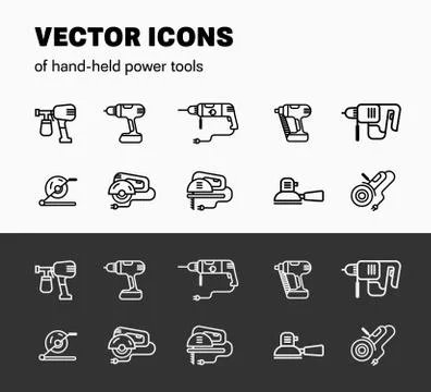 Vector linear graphics, illustration of hend-held power tools, isolated white Stock Illustration
