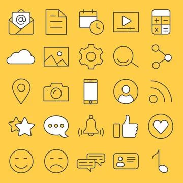 Vector linear icons on a yellow background, smartphone and apps, landing pa.. Stock-Illustration