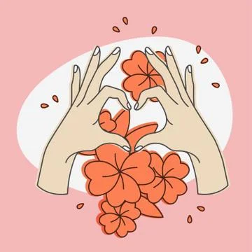 Vector linear illustration of female hands show heart silhouette. Heart shape Illustrazione stock