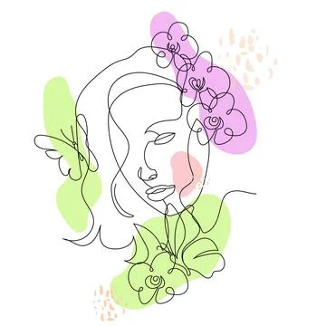Vector linear illustration of a girl's head with colored spots Stock Illustration