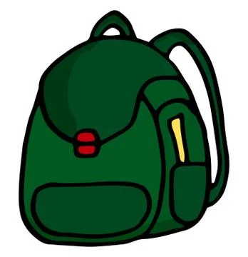 Vector linear illustration of a green school bag. Hand drawn color sketch Stock Illustration