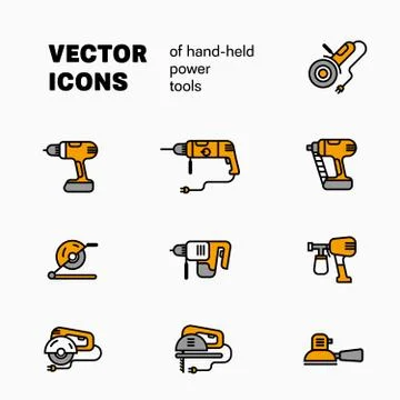 Vector linear illustration of hend-held power tools, isolated on white backgr Stock Illustration