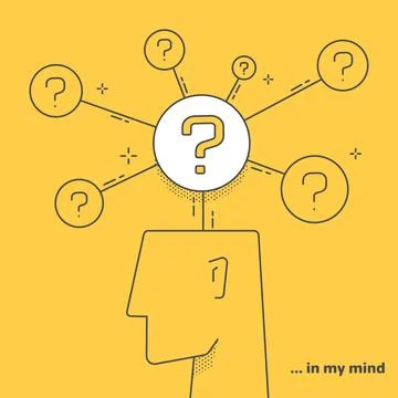 Vector linear image on yellow background, human head and question marks 스톡 일러스트