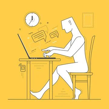 Vector linear image on a yellow background, a man sitting at a table and wo.. Stock Illustration