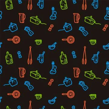 Vector linear kitchen Doodle background. Multi-color pattern image design for Stock Illustration