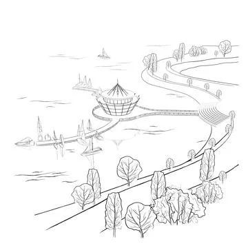 Vector linear landscape with quay and boats Ilustración de archivo