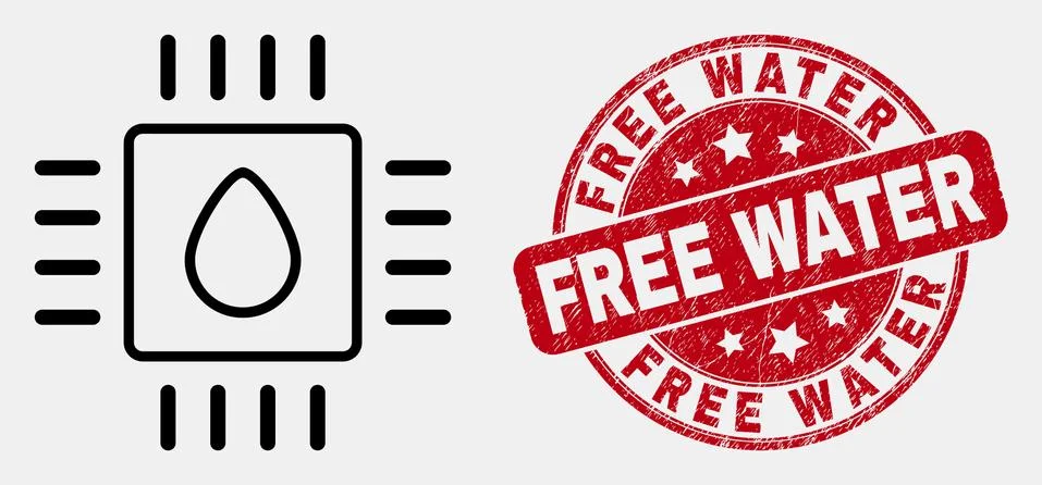 Vector Linear Liquid Processor Icon and Grunge Free Water Stamp Stock Illustration