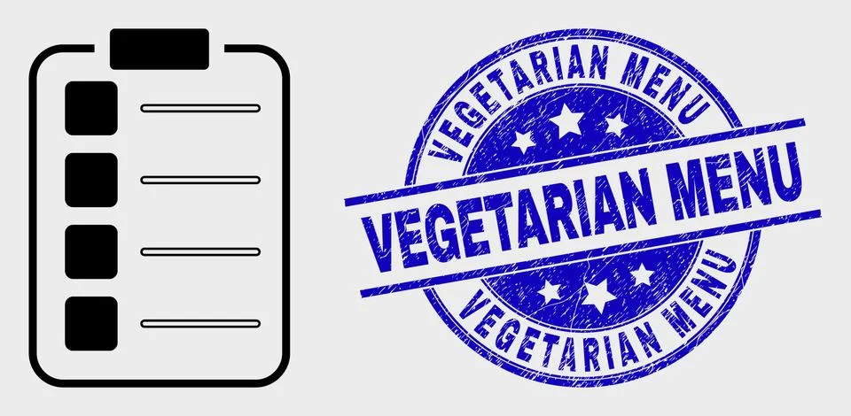 Vector Linear List Items Pad Icon and Distress Vegetarian Menu Stamp Illustrazione stock