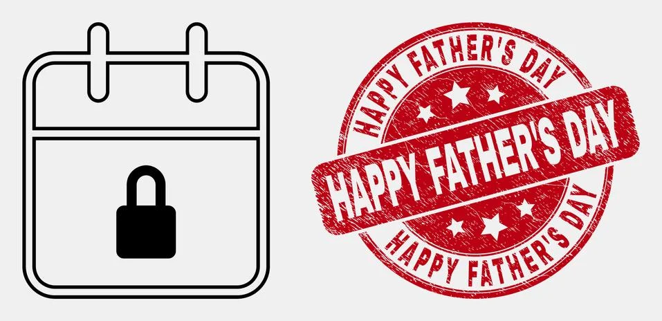 Vector Linear Lock Calendar Page Icon and Distress Happy Father'S Day Stamp Seal Stock Illustration
