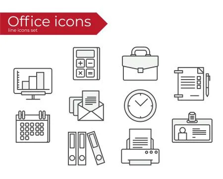 Vector linear Office icon set isolated on white. Stock Illustration
