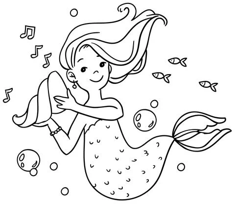 Vector linear outline image of cute cartoon mermaid listening to seashell Stock Illustration