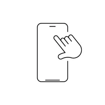 Vector linear phone and technology icon with hand tapping on screen. Touchscreen Stock Illustration