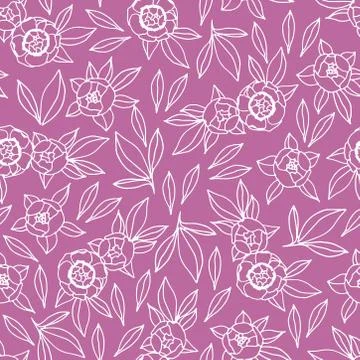 Vector Linear Seamless pattern with flowers and leaves. Hand drawn peony Illustrazione stock
