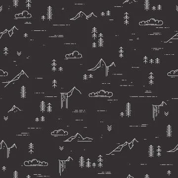 Vector linear seamless pattern with wild landscape elements on blackboard Stock Illustration