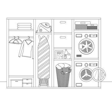 Vector Linear Sketch of Laundry Interior Room. Contour Illustration Stock Illustration