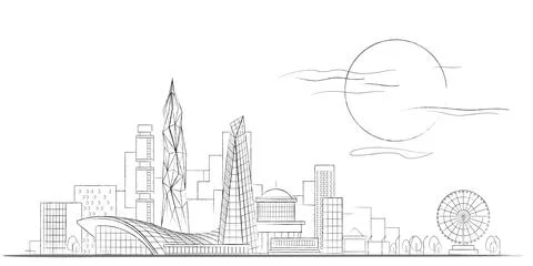 Vector Linear Sketch of Modern Cityscape Black and White Background Ilustración de archivo