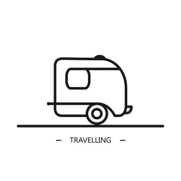 Vector linear style camping trailer on the white background. Illustrazione stock