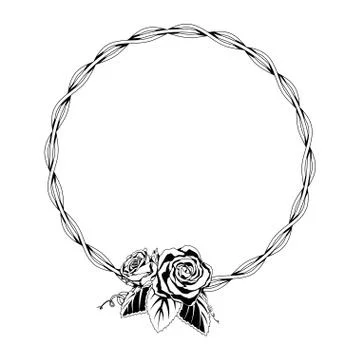 Vector linear style circle frame with rose Stock Illustration