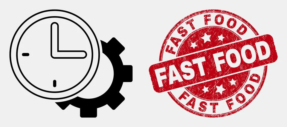 Vector Linear Time Settings Gear Icon and Scratched Fast Food Stamp Seal Stock-Illustration