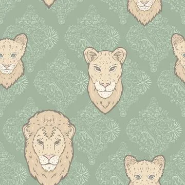 Vector Lion Family on Sage Green Flowerly Tiles seamless pattern background Stock Illustration