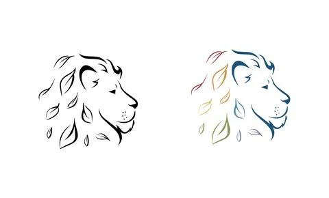 Vector lion with mane in the shape of leaves linear lion logo icon Stock Illustration