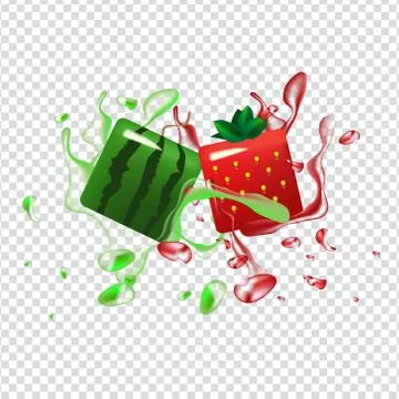 Vector liquid splash template with box shaped strawberry and watermelon Stock Illustration