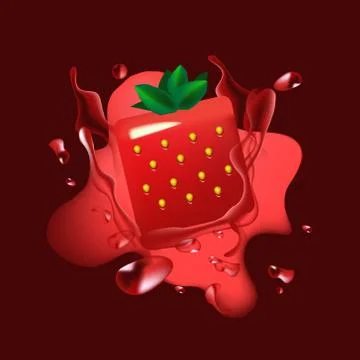 Vector liquid splash template red with box shaped strawberry Stock Illustration