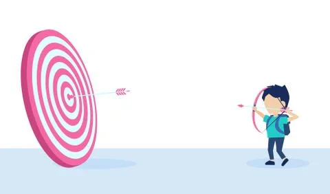 Vector of a little boy with bow and arrow aiming at a target Stock Illustration