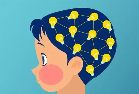 Vector of a little boy, child brain with light bulb connections イラスト素材