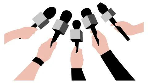 Vector live report concept, hands of journalists with microphones. live news Stock Illustration