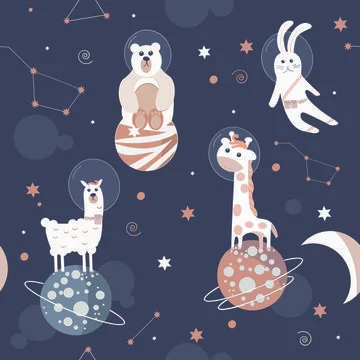 Vector of llama, bear and giraffe sitting on planets, with rabbit and stars Stock Illustration
