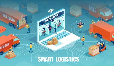 Vector of a logistics distribution centre with workers loading products on .. Stock Illustration