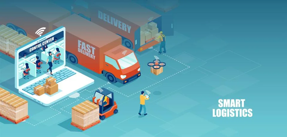 Vector of a logistics distribution centre with workers loading products on .. Stock Illustration