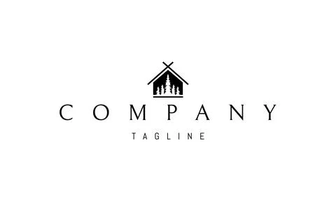 A vector logo with an abstract image of a hut with a silhouette of a pine forest Stock Illustration