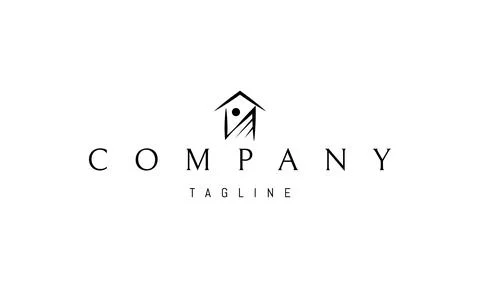 Vector logo with an abstract image of a hut with a silhouette of a mountain and Stock Illustration