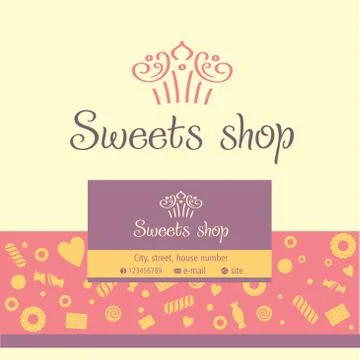 Vector logo, business card for a candy store. Background of sladstey cookies, 스톡 일러스트