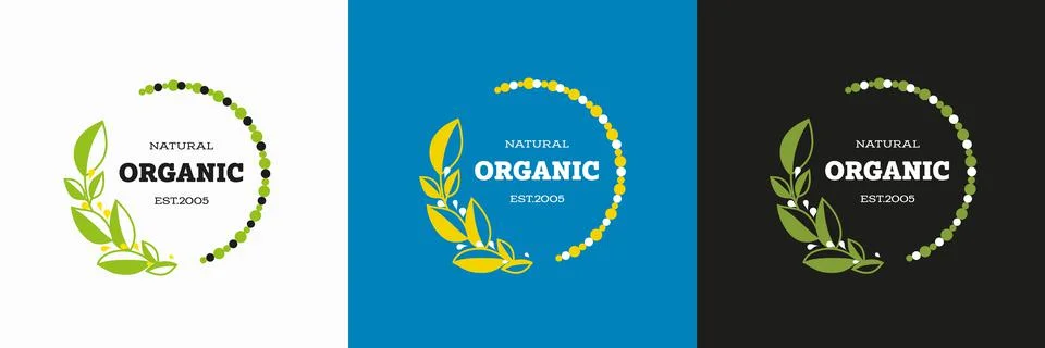 Vector logo in a circle with green leaves, round elements for an ecological p 스톡 일러스트