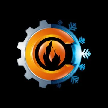 Vector logo concept illustration. Gear and fire flame sign illustration. Warm Illustrazione stock