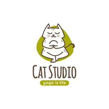 Vector logo with cute cartoon cat standing in yoga pose Stock Illustration