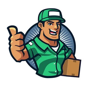 Vector logo of Delivery man holding package and showing thumb up 스톡 일러스트