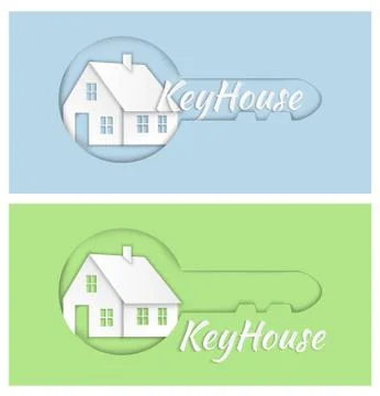 Vector logo design element on blue green background. Real estate, key, house Stock Illustration