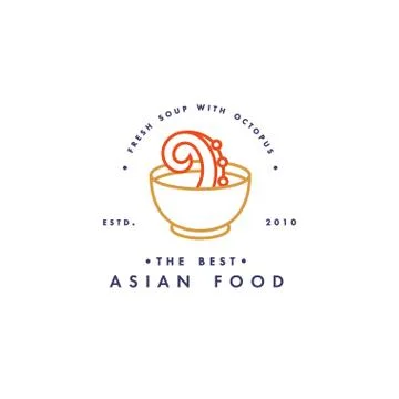Vector logo design template and emblem or badge. Asian food - soup with octopuc Stock Illustration