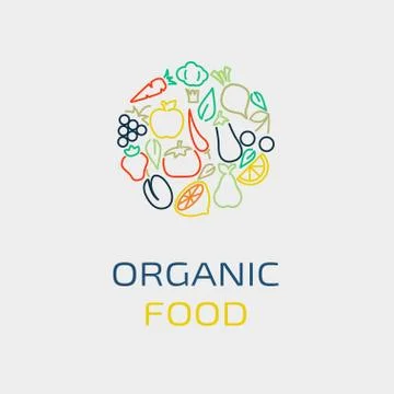 Vector logo design template with fruit and vegetable icons in trendy linear s Stock Illustration