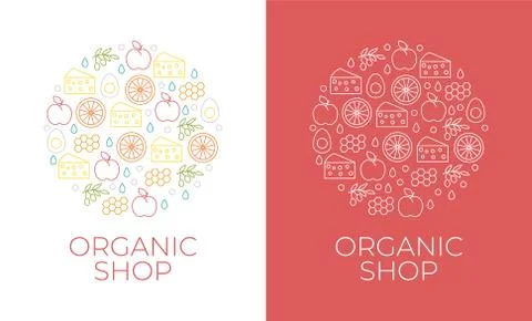 Vector logo design template with fruit and vegetable icons in trendy linear s Stock Illustration